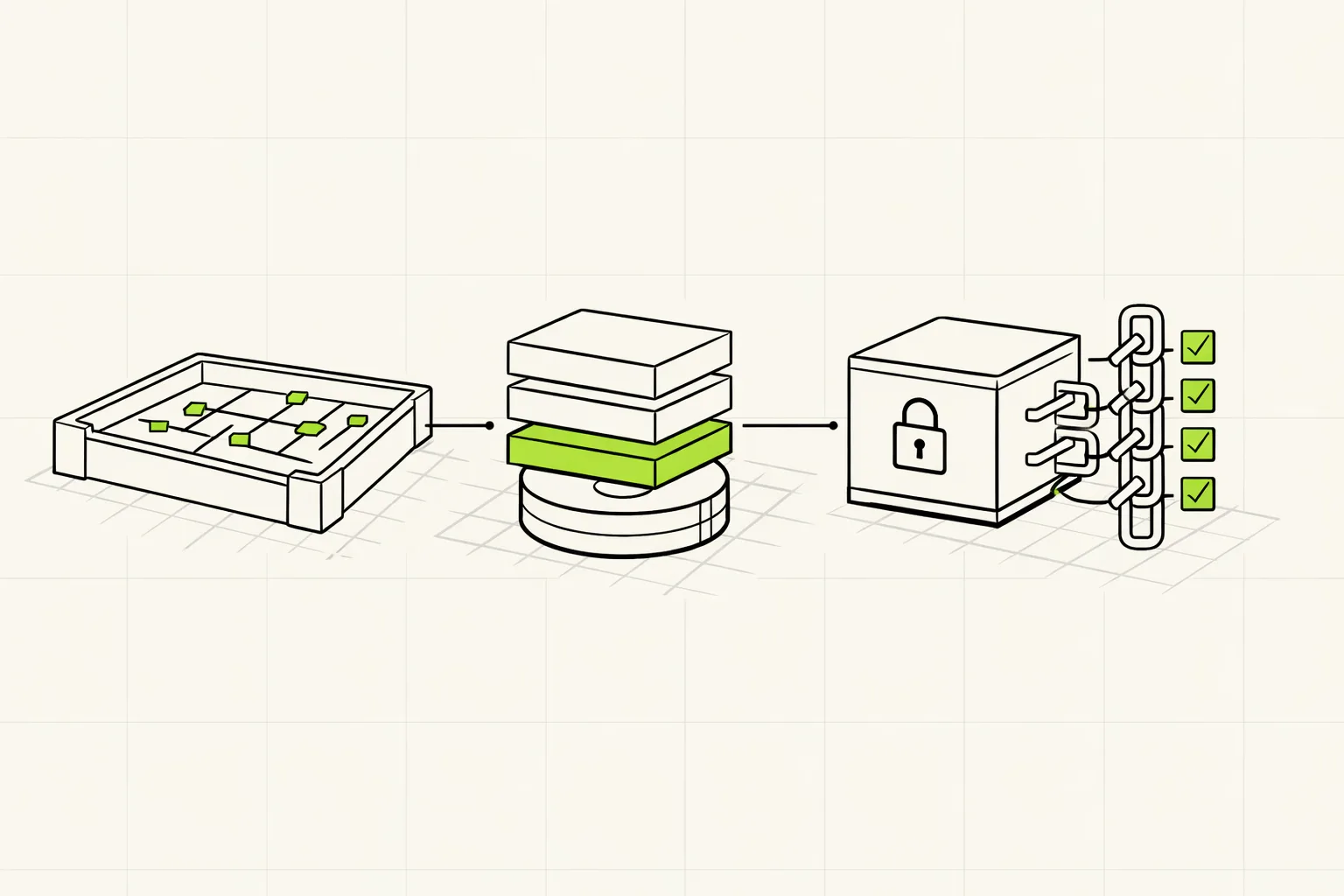 Minimal technical illustration showing an agent sandbox, layered cache infrastructure, and a confidential-computing enclave connected by security boundaries.