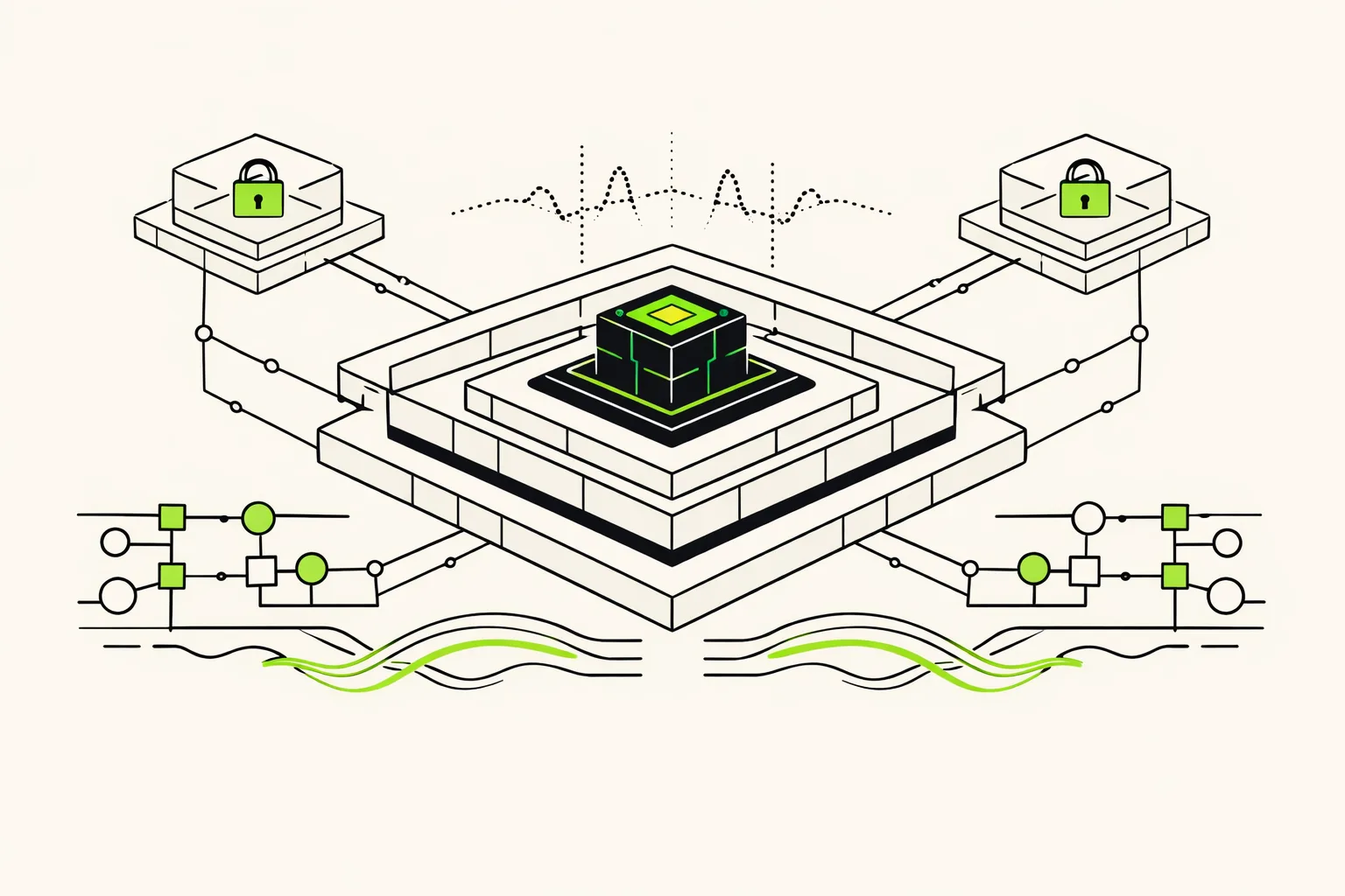 Abstract technical illustration of an agent compute node contained by layered security boundaries, with isolated network paths and telemetry signals.