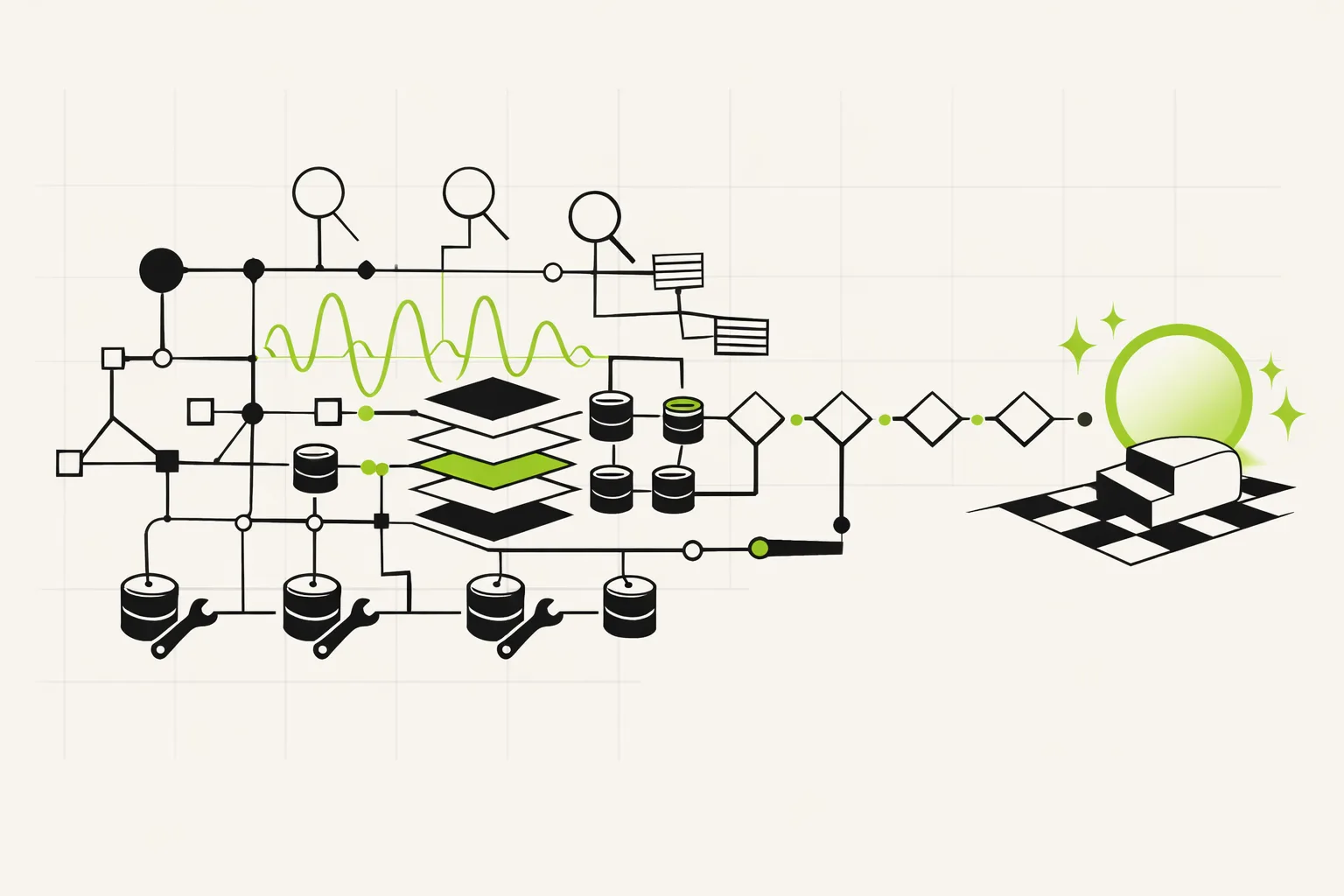 Abstract technical illustration of agent telemetry evaluation, governed capability catalogs, and stateless MCP discovery networks.