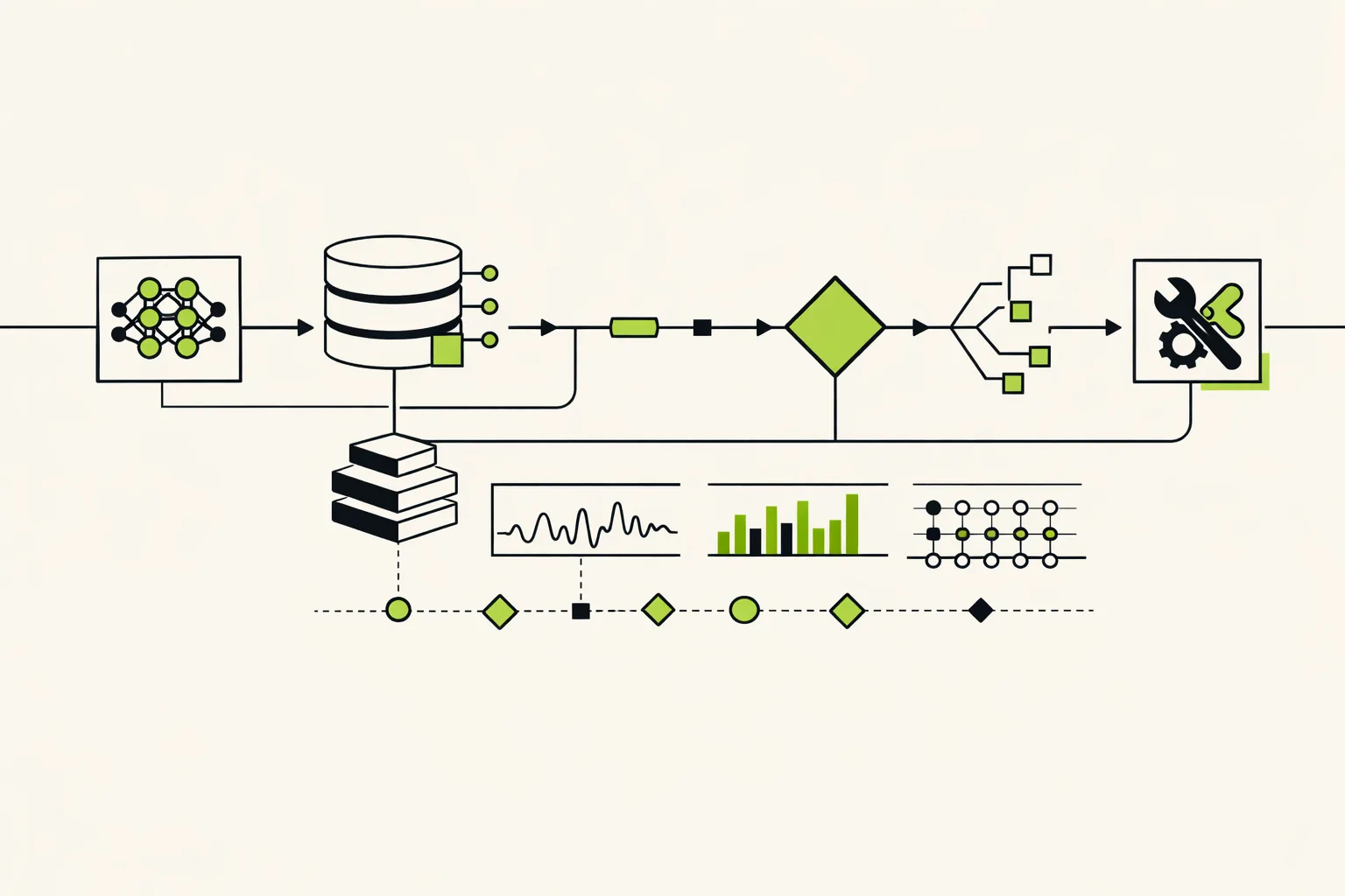 Abstract technical illustration showing connected AI observability traces, managed agent memory layers, and an inference-serving infrastructure stack.