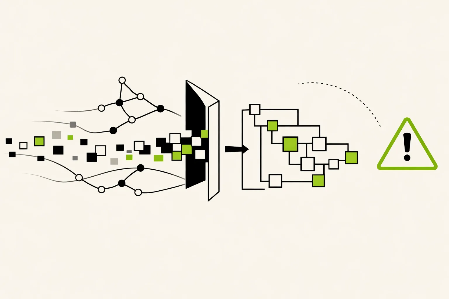 Abstract visualization of constrained decoding filtering token paths into a structured output while separate boundaries represent correctness and authorization.