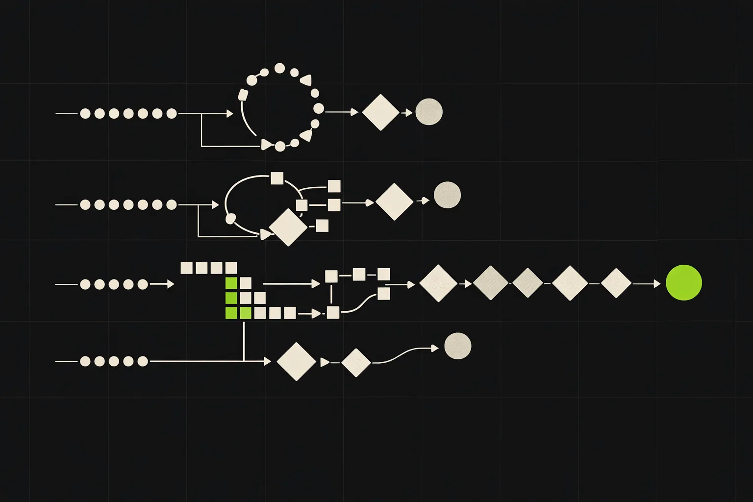 Abstract diagram of AI agent execution paths, retries, and tool calls converging on an accepted outcome to illustrate quality-adjusted inference cost.