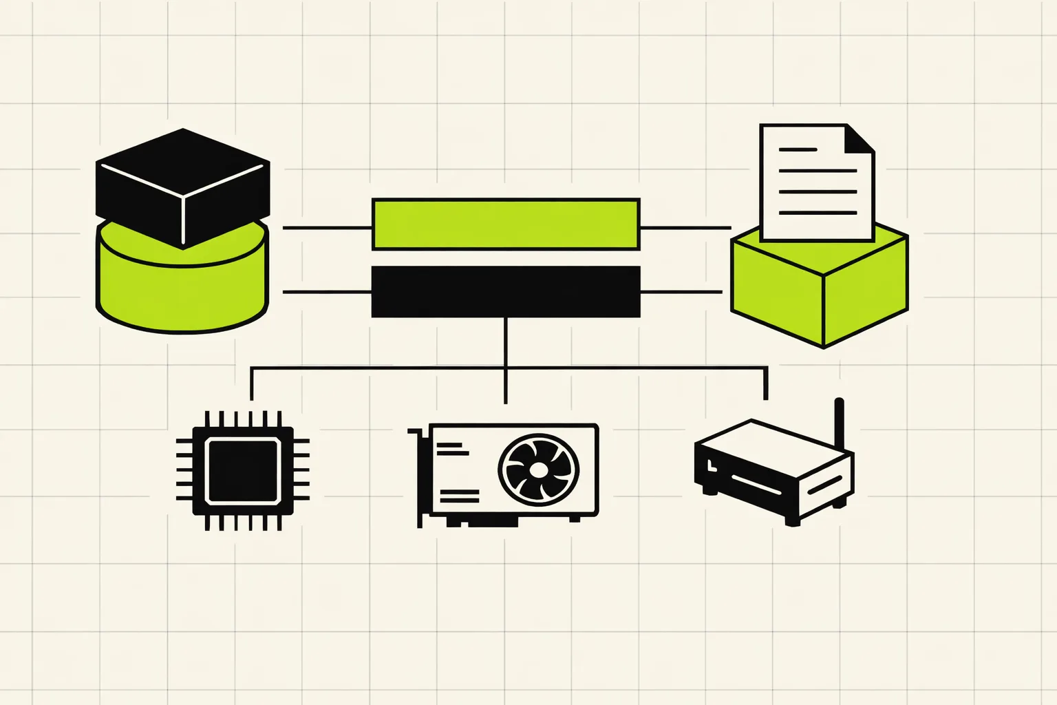 Abstract technical diagram showing a portable AI inference stack connecting one application contract to multiple hardware backends.