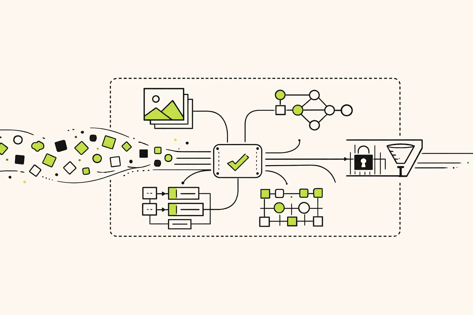 Abstract technical diagram linking an agent runtime, security tooling, and structured output parsing.