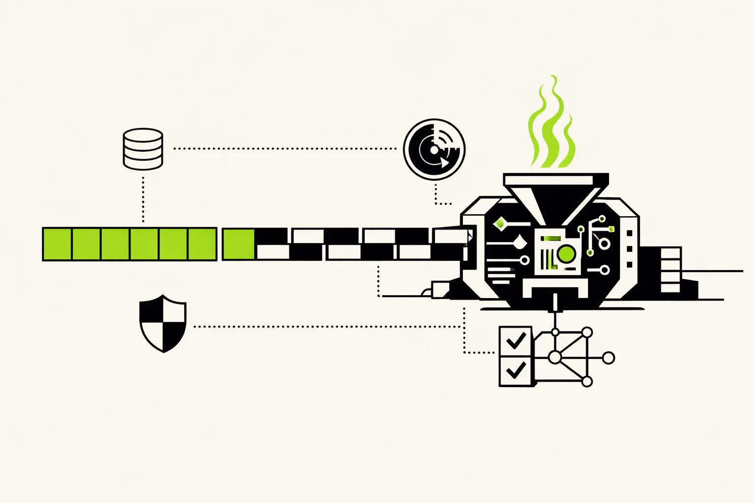 Minimalist technical illustration of prompt caching, agent evaluation traces, and isolated preview environments.