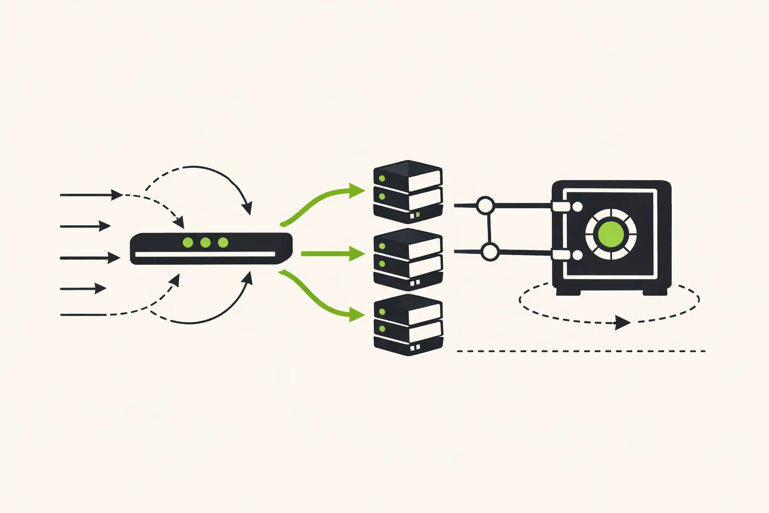 Abstract technical diagram showing independent requests routed across multiple servers while durable workflow state remains in a separate authoritative store.