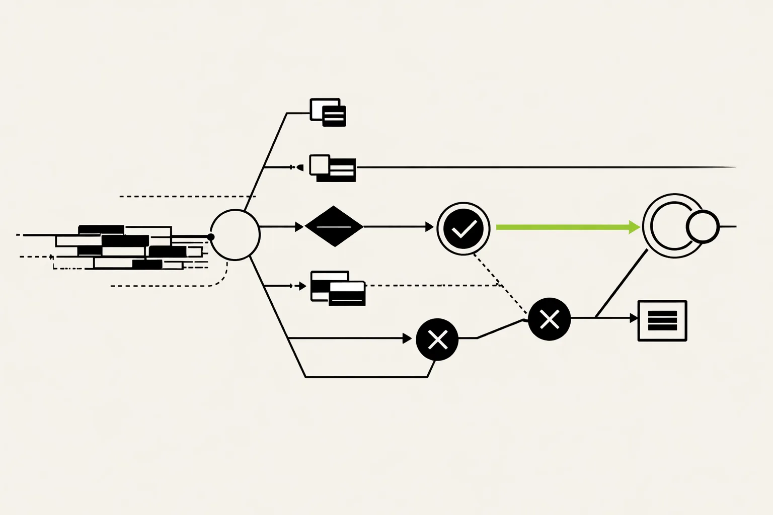 Conceptual state-machine diagram showing an AI stream moving through partial events, approval, recovery, and completion.